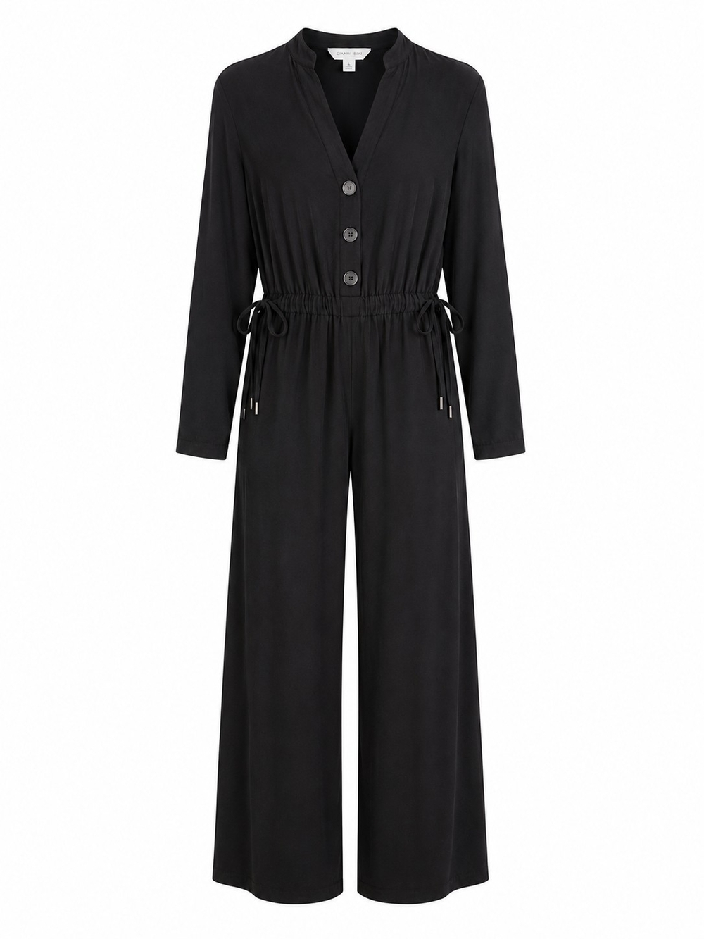 GIANNI‎ BINI | Black Wide Leg Drawstring Jumpsuit V-Neck Long Sleeve Rayon | L